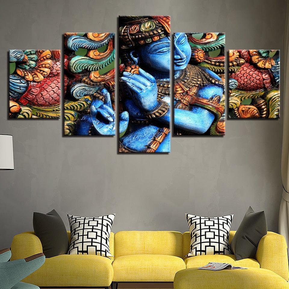 Lord Krishna 5 Piece HD Multi Panel Canvas Wall Art Frame-Original Frame