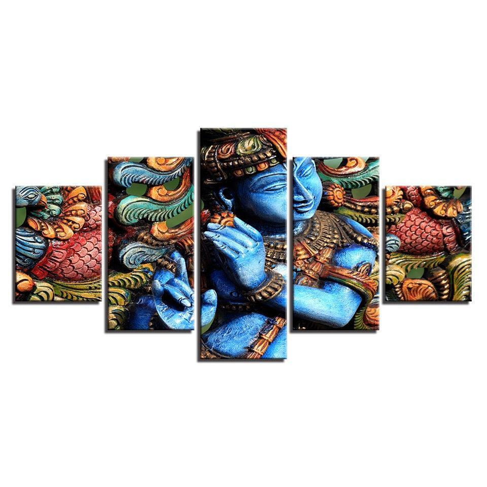 Lord Krishna 5 Piece HD Multi Panel Canvas Wall Art Frame-Original Frame