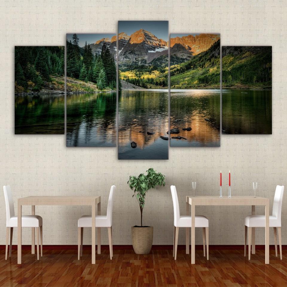 Mountain Lake Tree 5 Piece HD Multi Panel Canvas Wall Art Frame-Original Frame