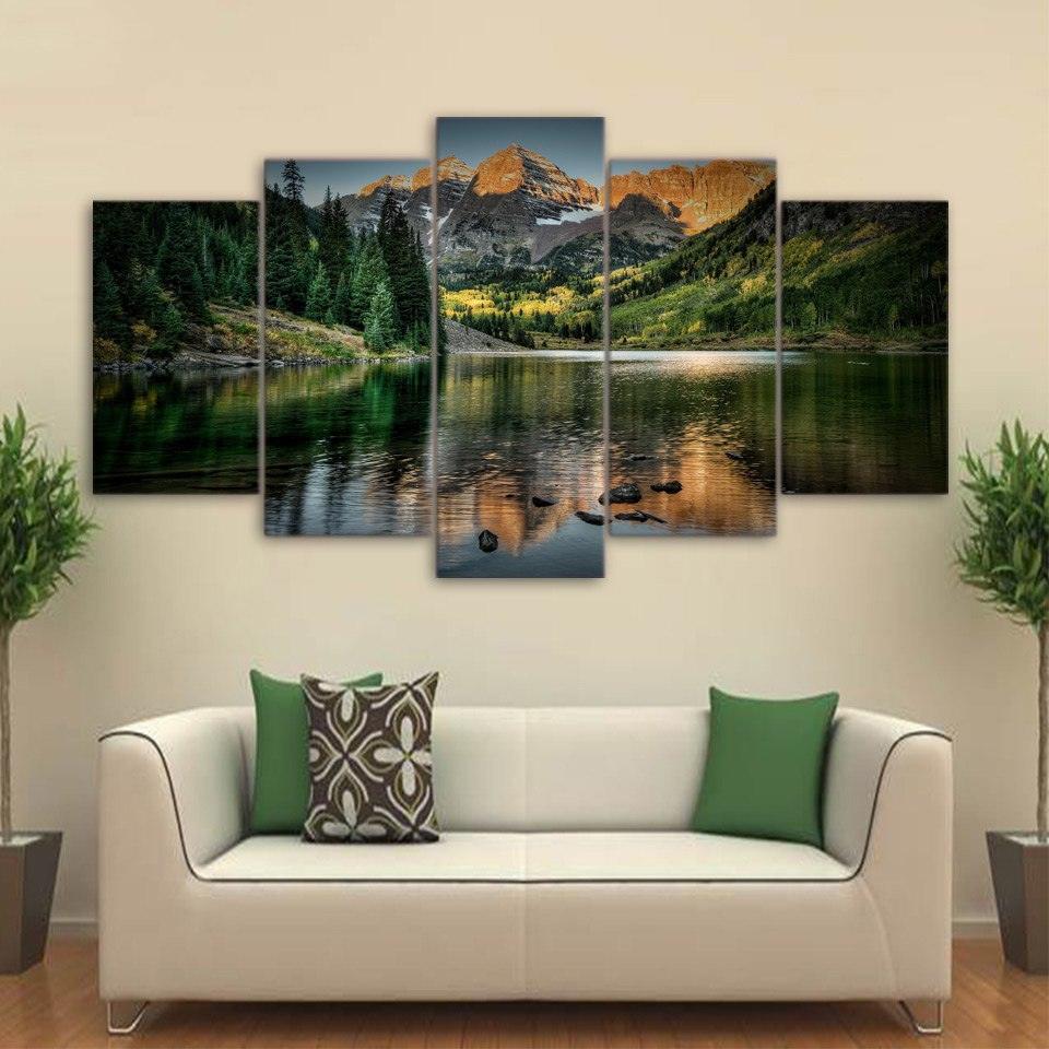 Mountain Lake Tree 5 Piece HD Multi Panel Canvas Wall Art Frame-Original Frame