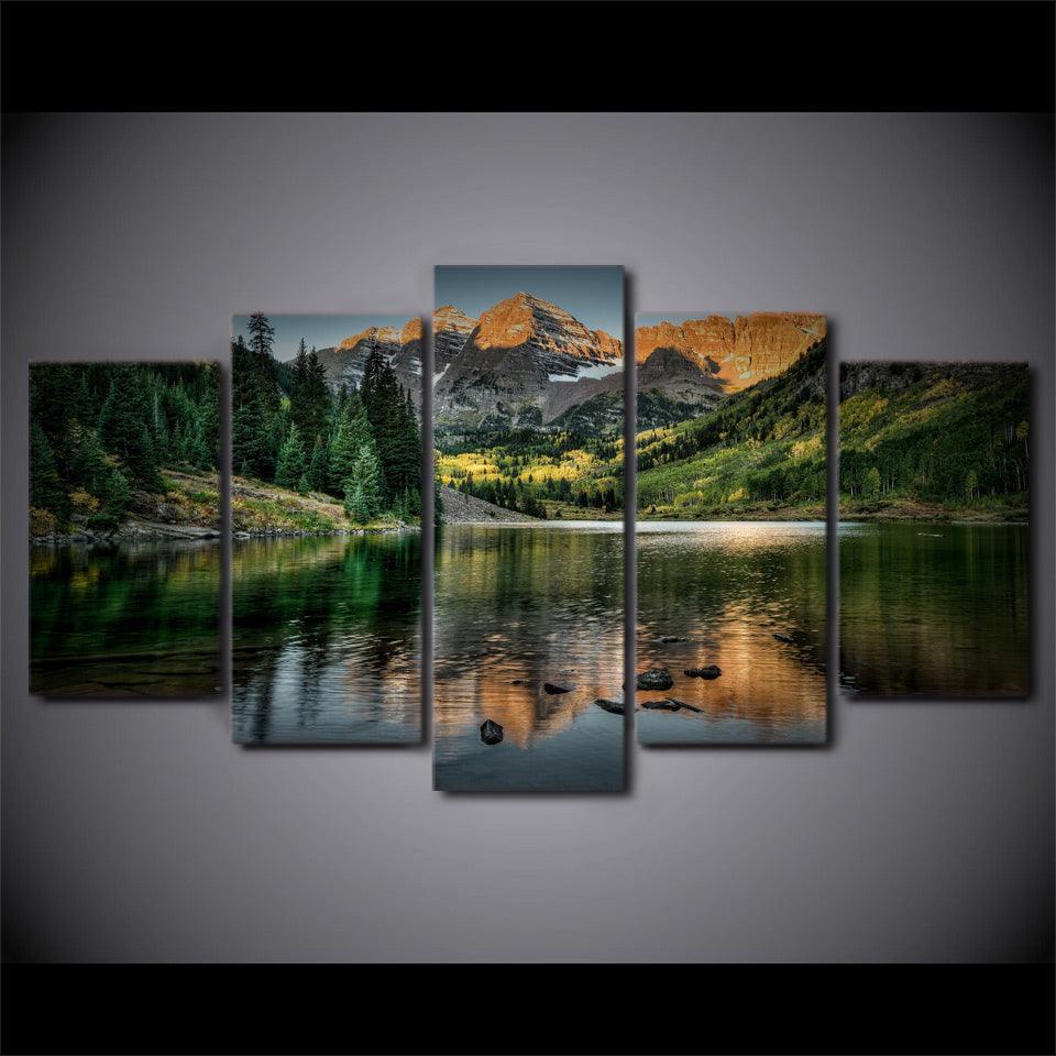 Mountain Lake Tree 5 Piece HD Multi Panel Canvas Wall Art Frame-Original Frame