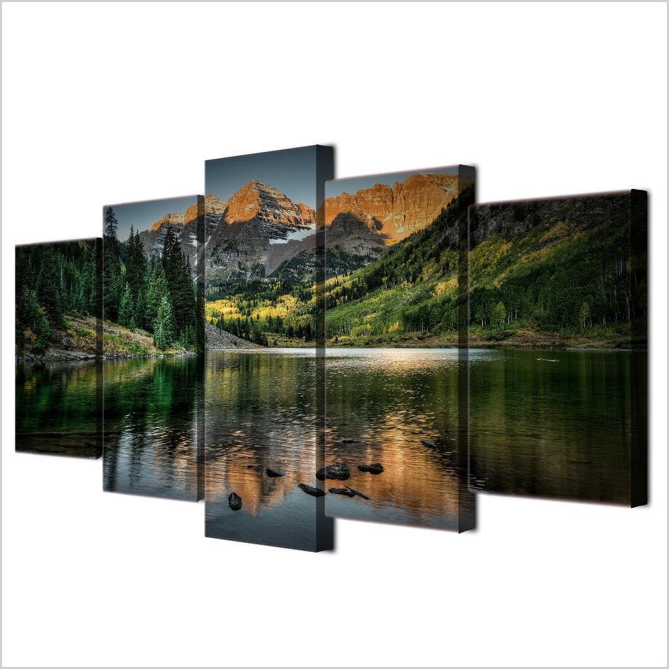 Mountain Lake Tree 5 Piece HD Multi Panel Canvas Wall Art Frame-Original Frame