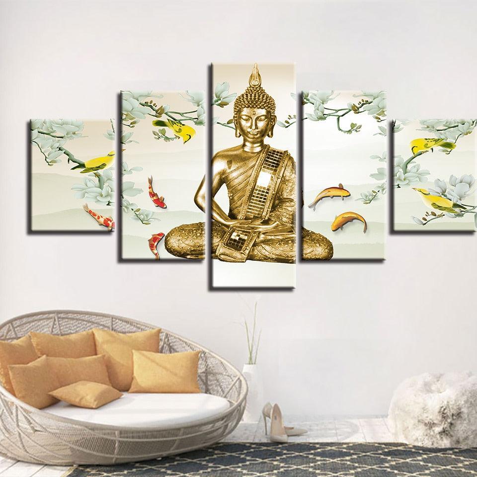 Buddha And Fish 5 Piece HD Multi Panel Canvas Wall Art Frame-Original Frame
