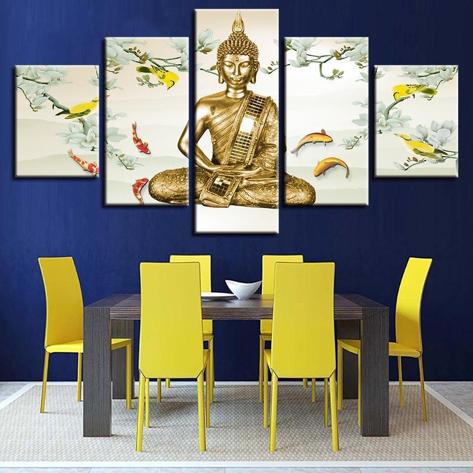 Buddha And Fish 5 Piece HD Multi Panel Canvas Wall Art Frame-Original Frame