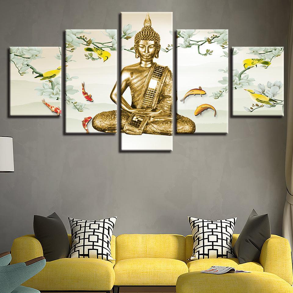 Buddha And Fish 5 Piece HD Multi Panel Canvas Wall Art Frame-Original Frame