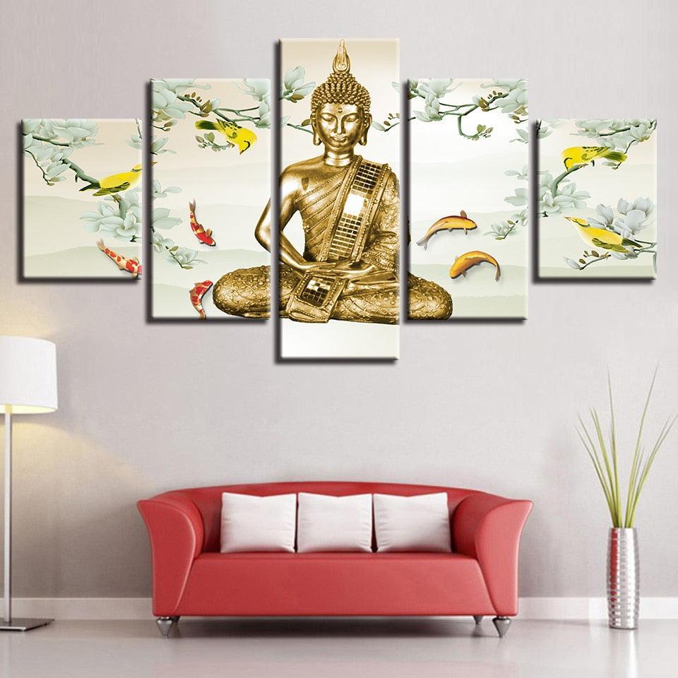 Buddha And Fish 5 Piece HD Multi Panel Canvas Wall Art Frame-Original Frame