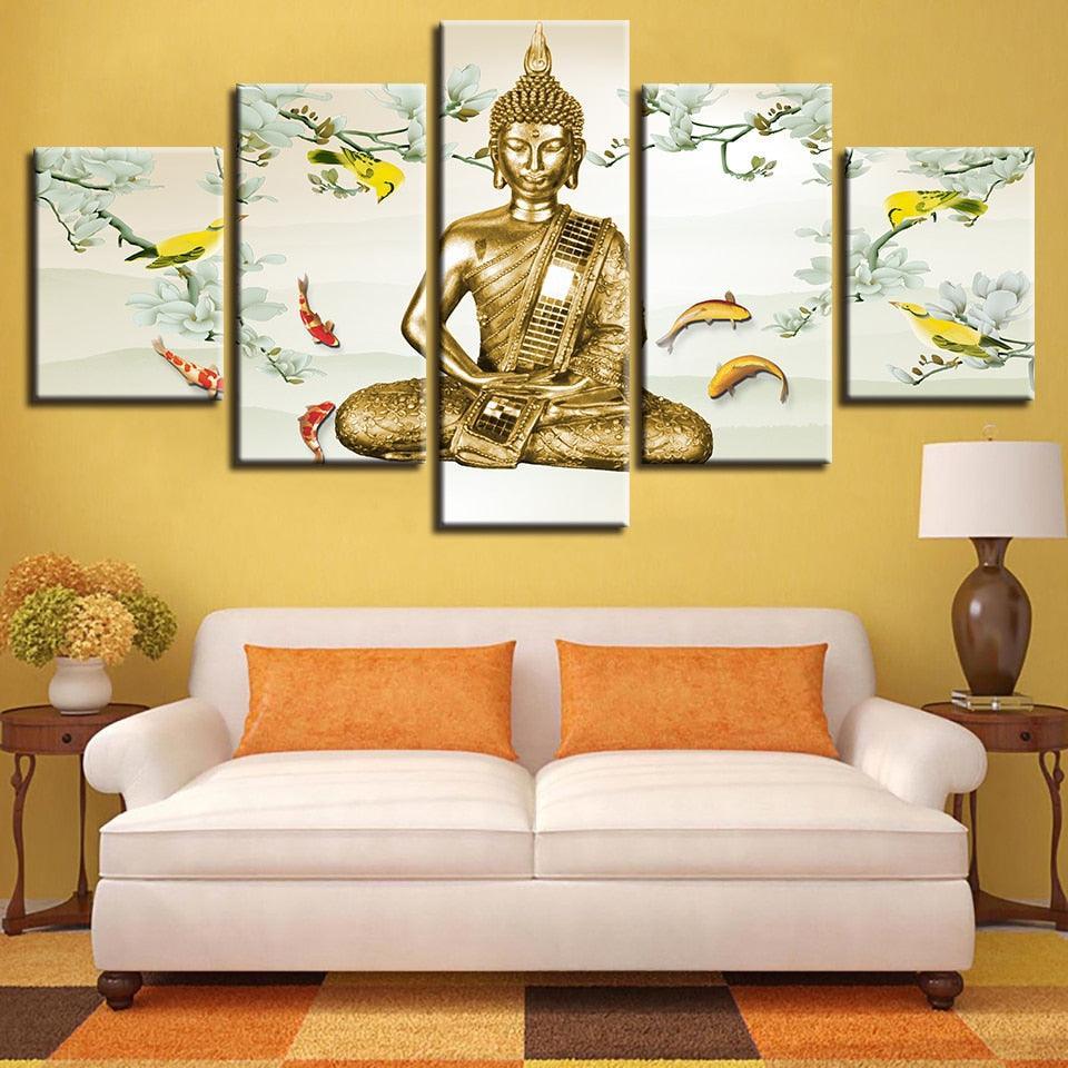 Buddha And Fish 5 Piece HD Multi Panel Canvas Wall Art Frame-Original Frame