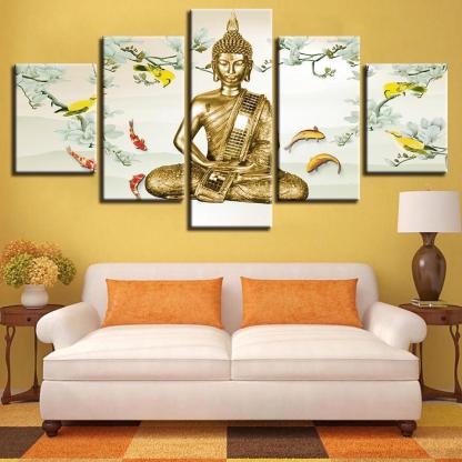 Buddha And Fish 5 Piece HD Multi Panel Canvas Wall Art Frame-Original Frame