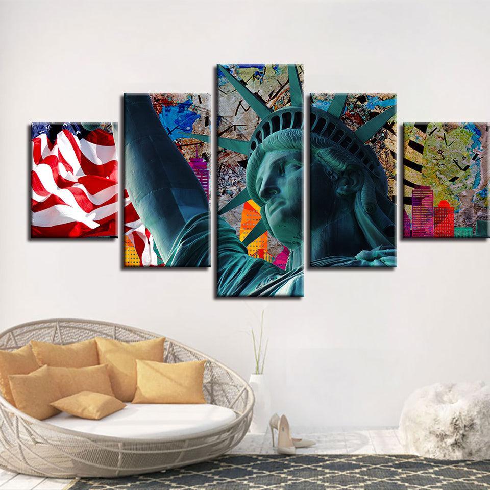 Statue Of Liberty 5 Piece HD Multi Panel Classical Canvas Wall Art Frame-Original Frame