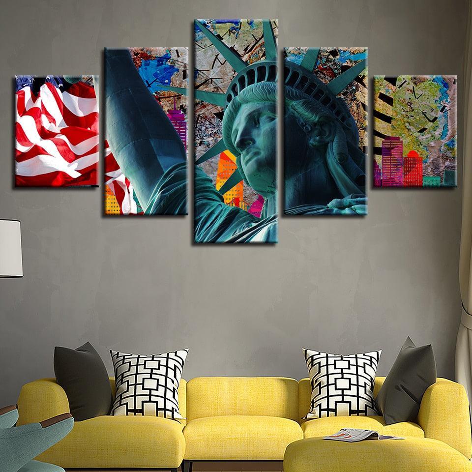Statue Of Liberty 5 Piece HD Multi Panel Classical Canvas Wall Art Frame-Original Frame