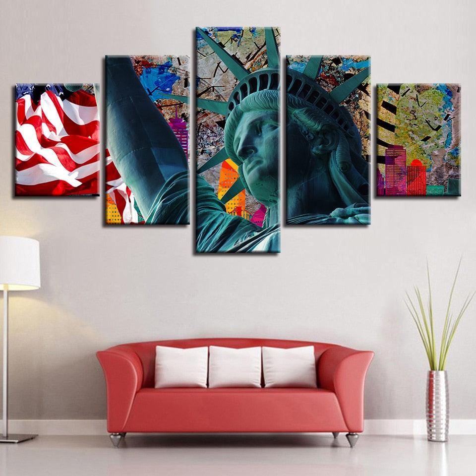 Statue Of Liberty 5 Piece HD Multi Panel Classical Canvas Wall Art Frame-Original Frame