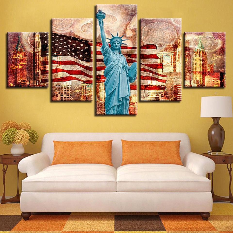 Statue Of Liberty Classical 5 Piece HD Multi Panel Canvas Wall Art Frame-Original Frame