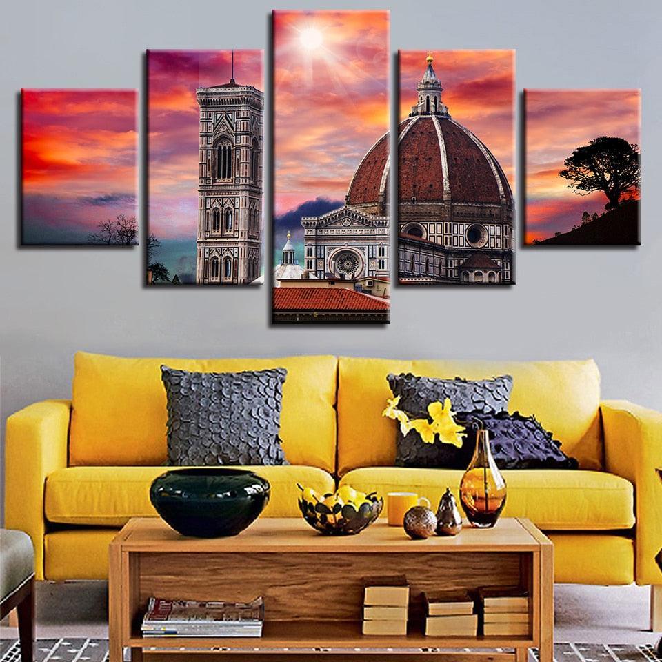 Castle Sunset 5 Piece HD Multi Panel Canvas Wall Art Frame-Original Frame