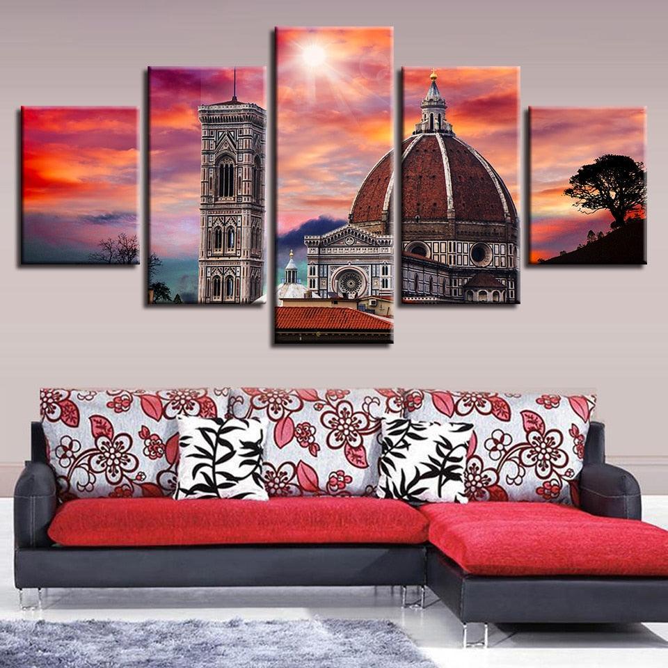 Castle Sunset 5 Piece HD Multi Panel Canvas Wall Art Frame-Original Frame