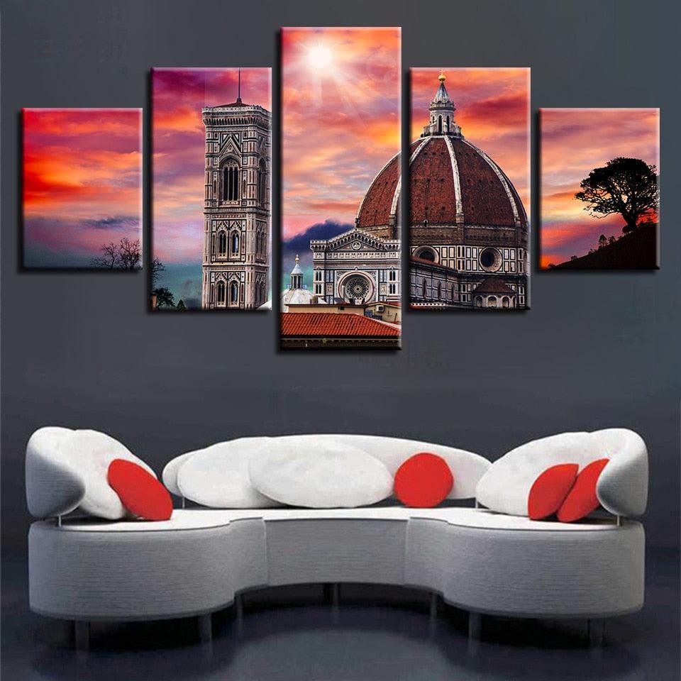 Castle Sunset 5 Piece HD Multi Panel Canvas Wall Art Frame-Original Frame