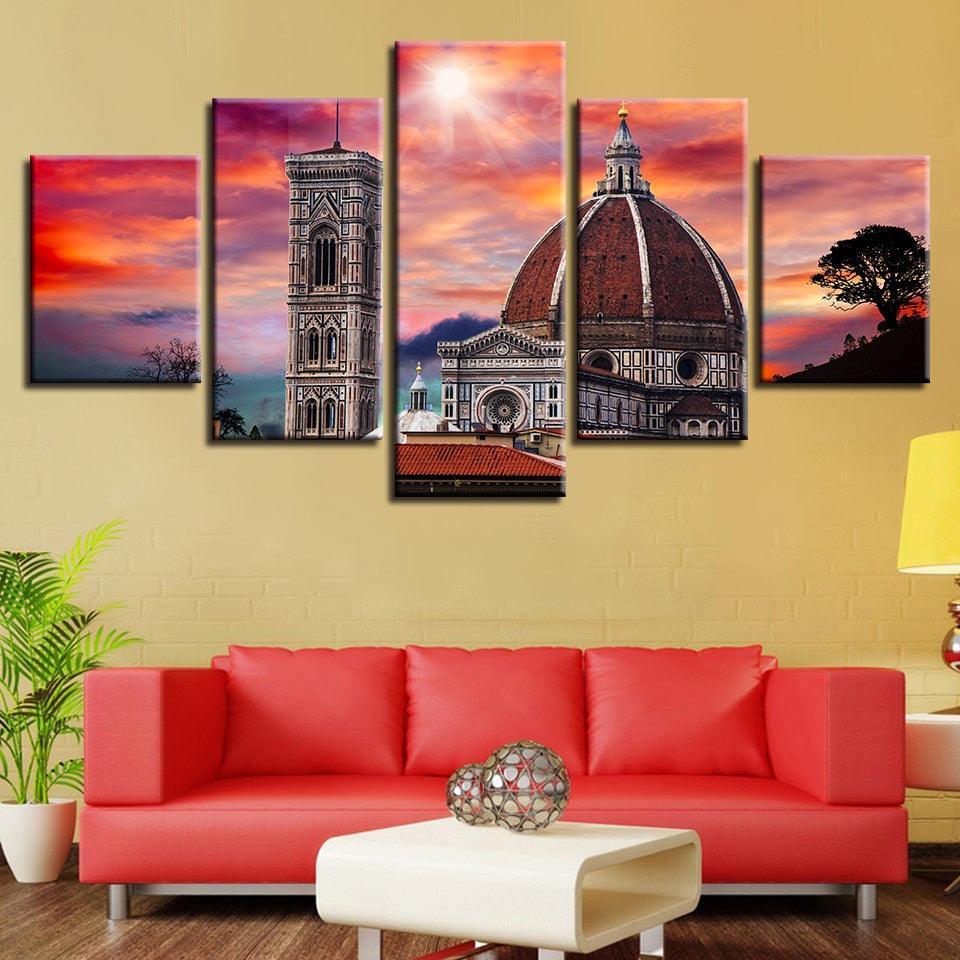 Castle Sunset 5 Piece HD Multi Panel Canvas Wall Art Frame-Original Frame