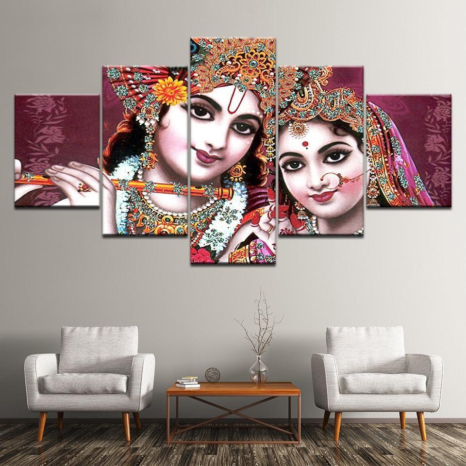 India God Radha Krishna 5 Piece HD Multi Panel Canvas Wall Art Frame-Original Frame