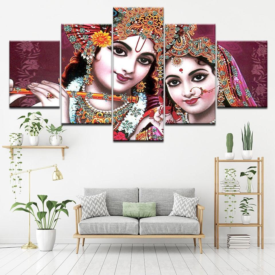 India God Radha Krishna 5 Piece HD Multi Panel Canvas Wall Art Frame-Original Frame