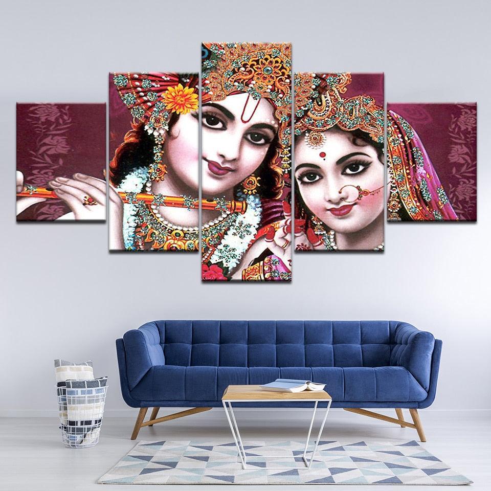 India God Radha Krishna 5 Piece HD Multi Panel Canvas Wall Art Frame-Original Frame