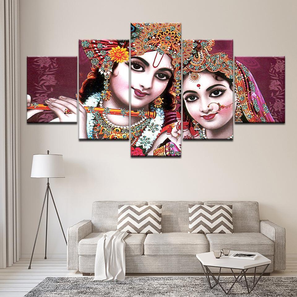 India God Radha Krishna 5 Piece HD Multi Panel Canvas Wall Art Frame-Original Frame