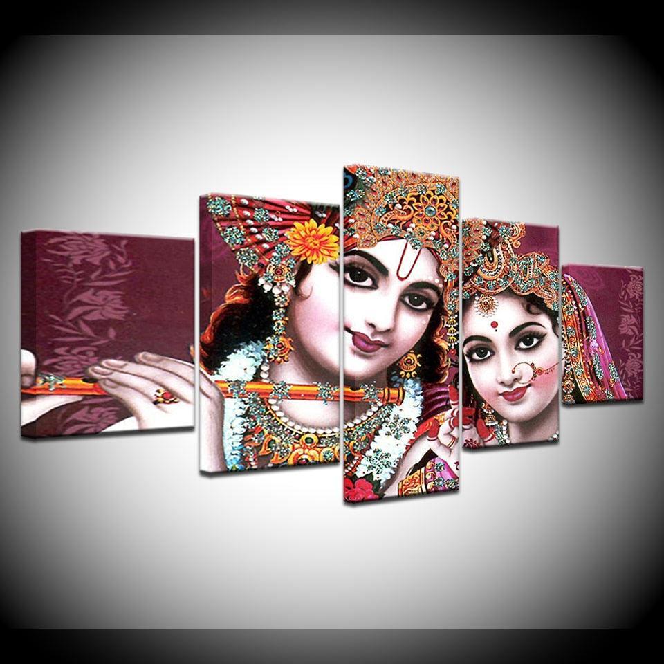 India God Radha Krishna 5 Piece HD Multi Panel Canvas Wall Art Frame-Original Frame