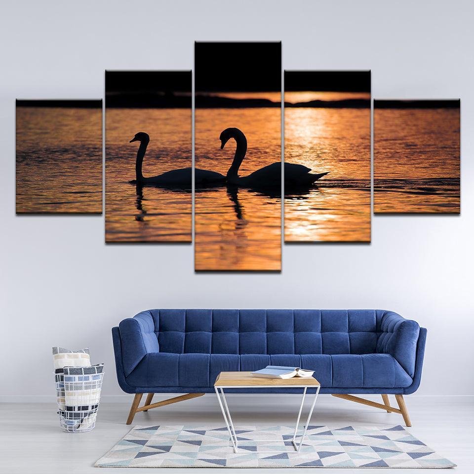 Swans in Sunset 5 Piece HD Multi Panel Canvas Wall Art Frame-Original Frame