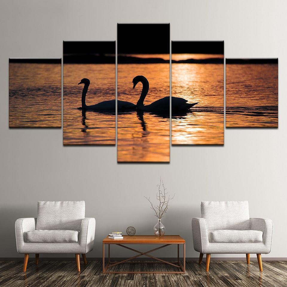 Swans in Sunset 5 Piece HD Multi Panel Canvas Wall Art Frame-Original Frame