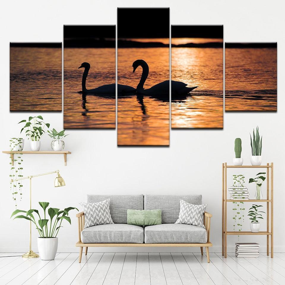 Swans in Sunset 5 Piece HD Multi Panel Canvas Wall Art Frame-Original Frame
