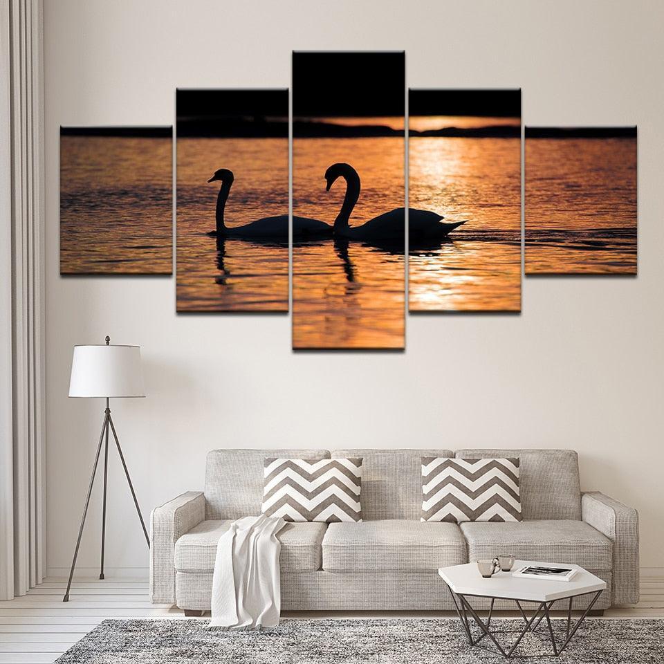 Swans in Sunset 5 Piece HD Multi Panel Canvas Wall Art Frame-Original Frame