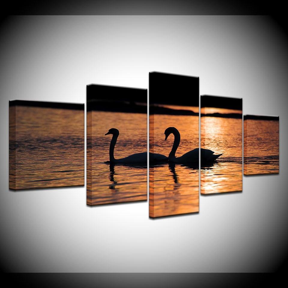 Swans in Sunset 5 Piece HD Multi Panel Canvas Wall Art Frame-Original Frame