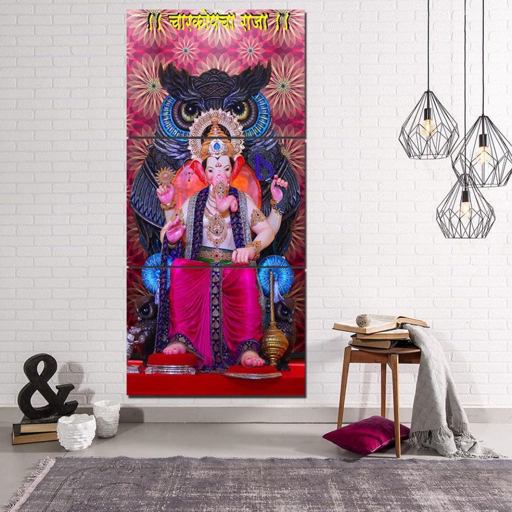 Hindu God Ganesha 3 Piece HD Multi Panel Canvas Wall Art Frame-Original Frame