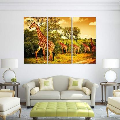Giraffe Painting 3 Piece HD Multi Panel Canvas Wall Art Frame-Original Frame
