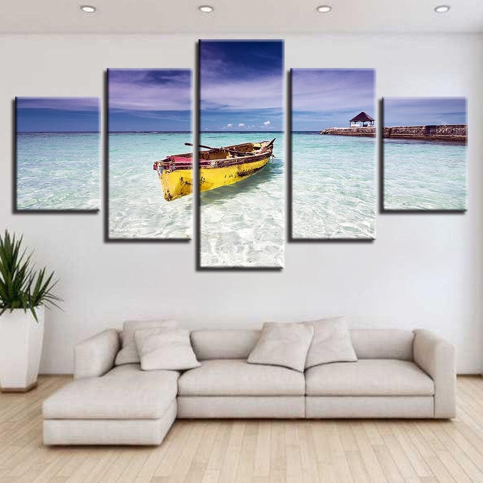 Beach Ocean And Boat 5 Piece HD Multi Panel Canvas Wall Art Frame-Original Frame