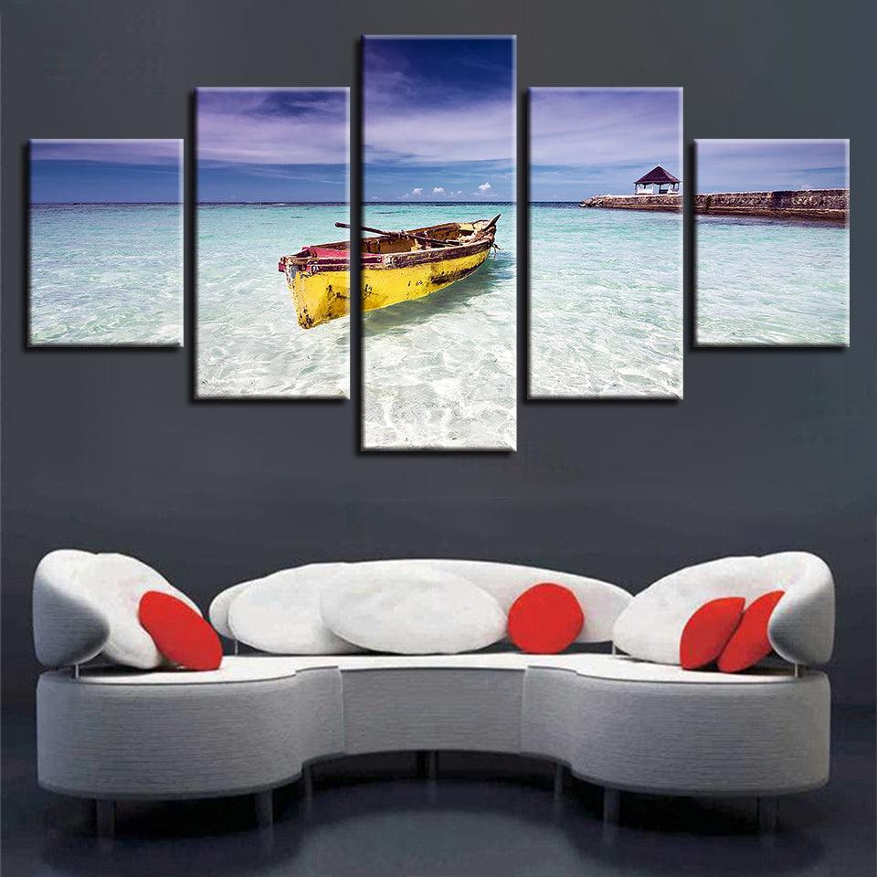 Beach Ocean And Boat 5 Piece HD Multi Panel Canvas Wall Art Frame-Original Frame