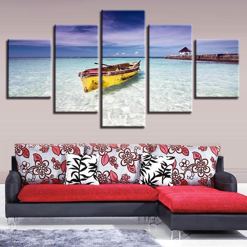 Beach Ocean And Boat 5 Piece HD Multi Panel Canvas Wall Art Frame-Original Frame