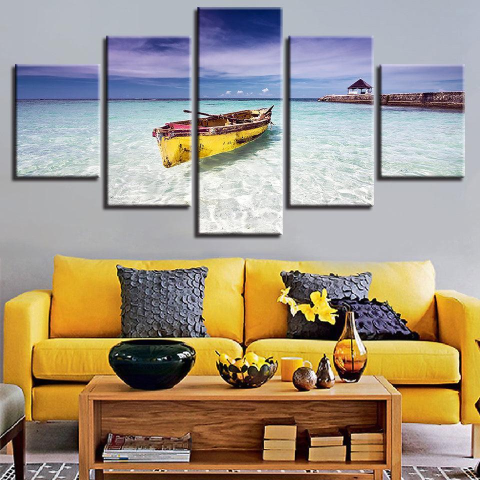 Beach Ocean And Boat 5 Piece HD Multi Panel Canvas Wall Art Frame-Original Frame