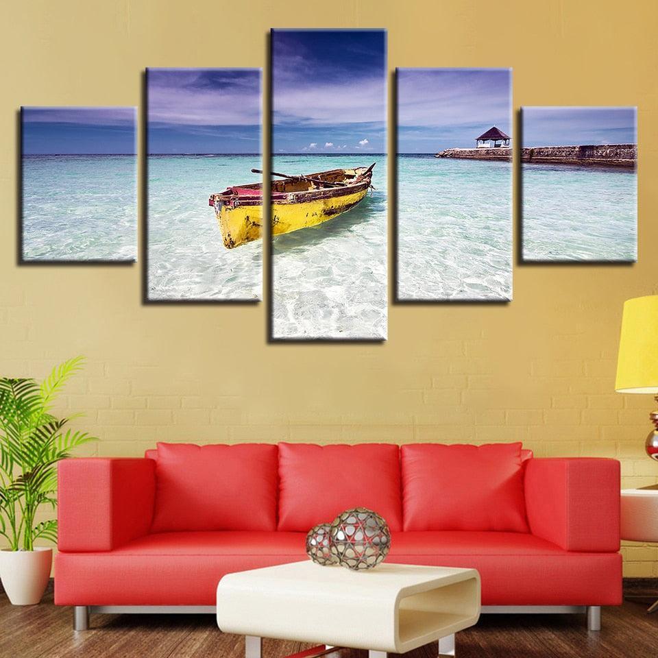 Beach Ocean And Boat 5 Piece HD Multi Panel Canvas Wall Art Frame-Original Frame