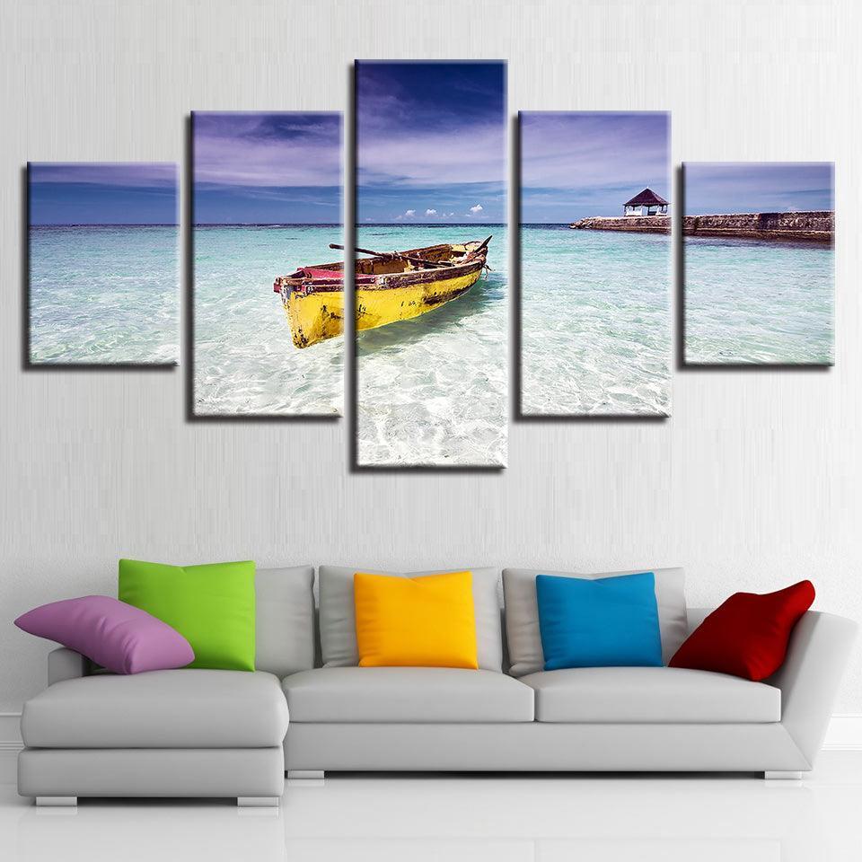 Beach Ocean And Boat 5 Piece HD Multi Panel Canvas Wall Art Frame-Original Frame
