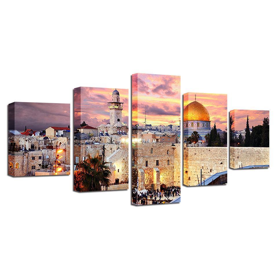 Holy City Of Jerusalem 5 Piece HD Multi Panel Canvas Wall Art Frame-Original Frame