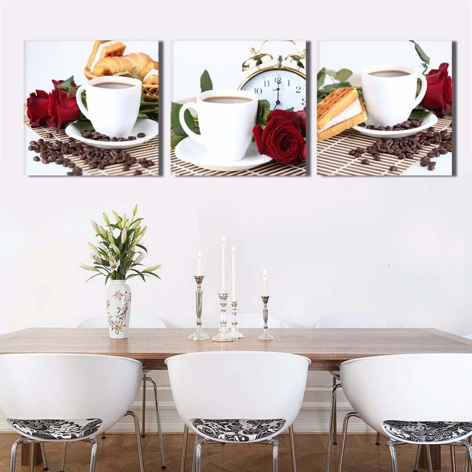 Coffee Cup Red Rose 3 Piece HD Multi Panel Canvas Wall Art Frame-Original Frame