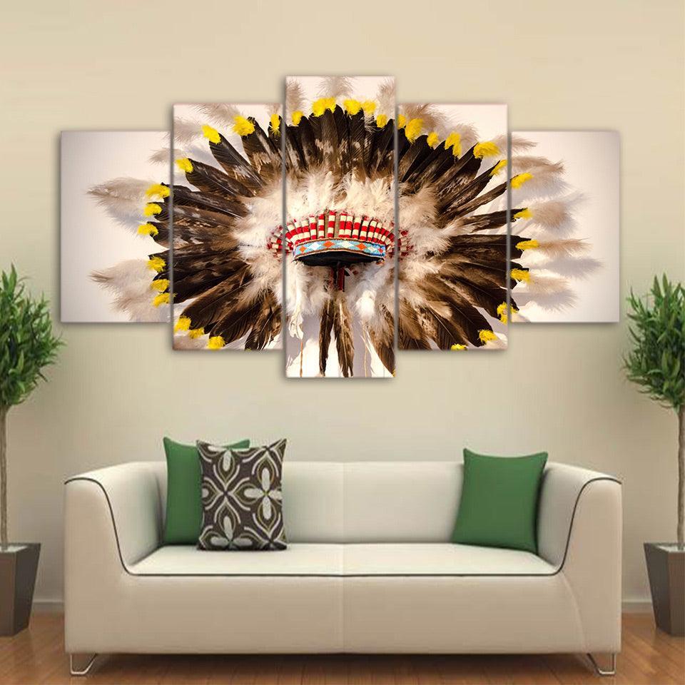 Indian Headdress 5 Piece HD Multi Panel Canvas Wall Art Frame-Original Frame