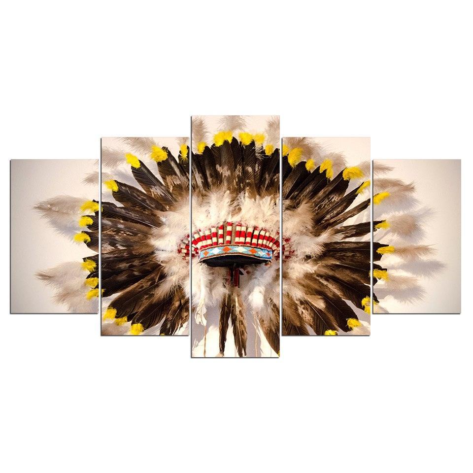 Indian Headdress 5 Piece HD Multi Panel Canvas Wall Art Frame-Original Frame