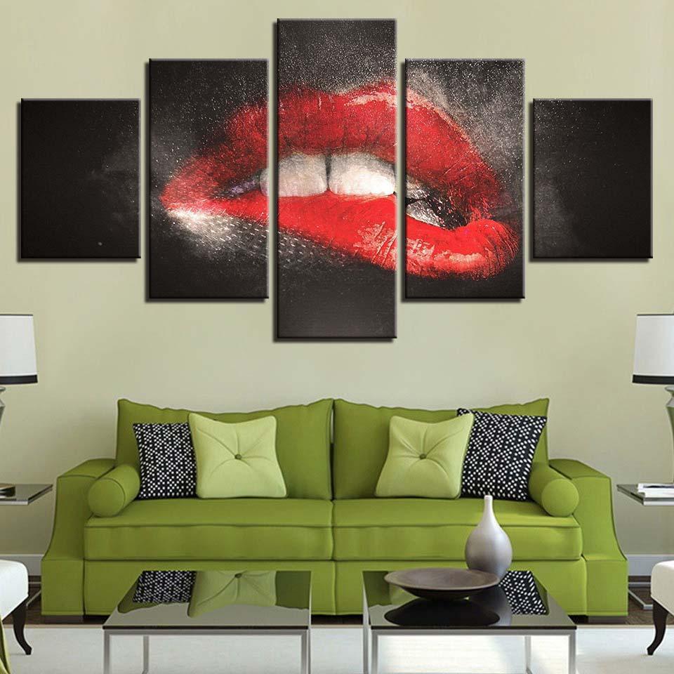 Bite Lips 5 Piece HD Multi Panel Canvas Wall Art Frame-Original Frame