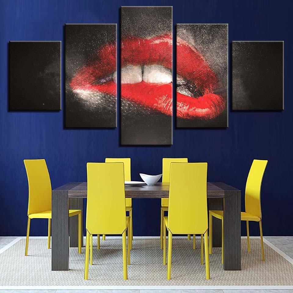 Bite Lips 5 Piece HD Multi Panel Canvas Wall Art Frame-Original Frame