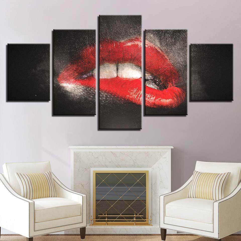 Bite Lips 5 Piece HD Multi Panel Canvas Wall Art Frame-Original Frame