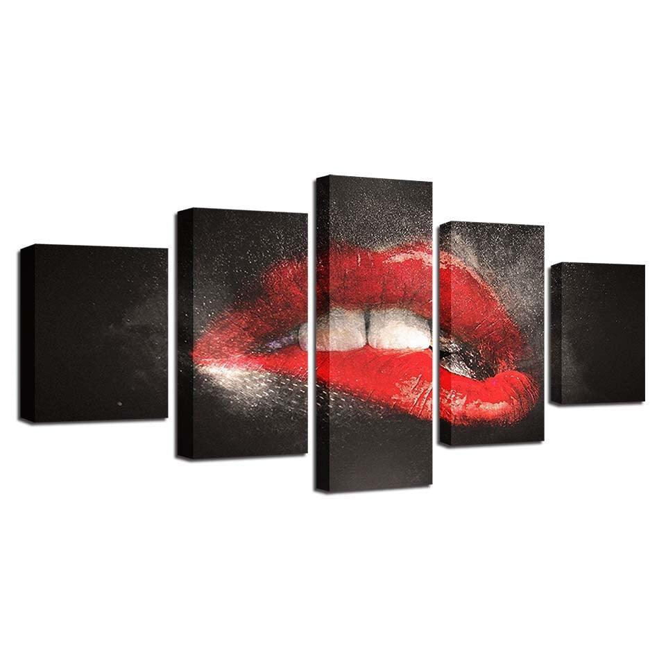 Bite Lips 5 Piece HD Multi Panel Canvas Wall Art Frame-Original Frame
