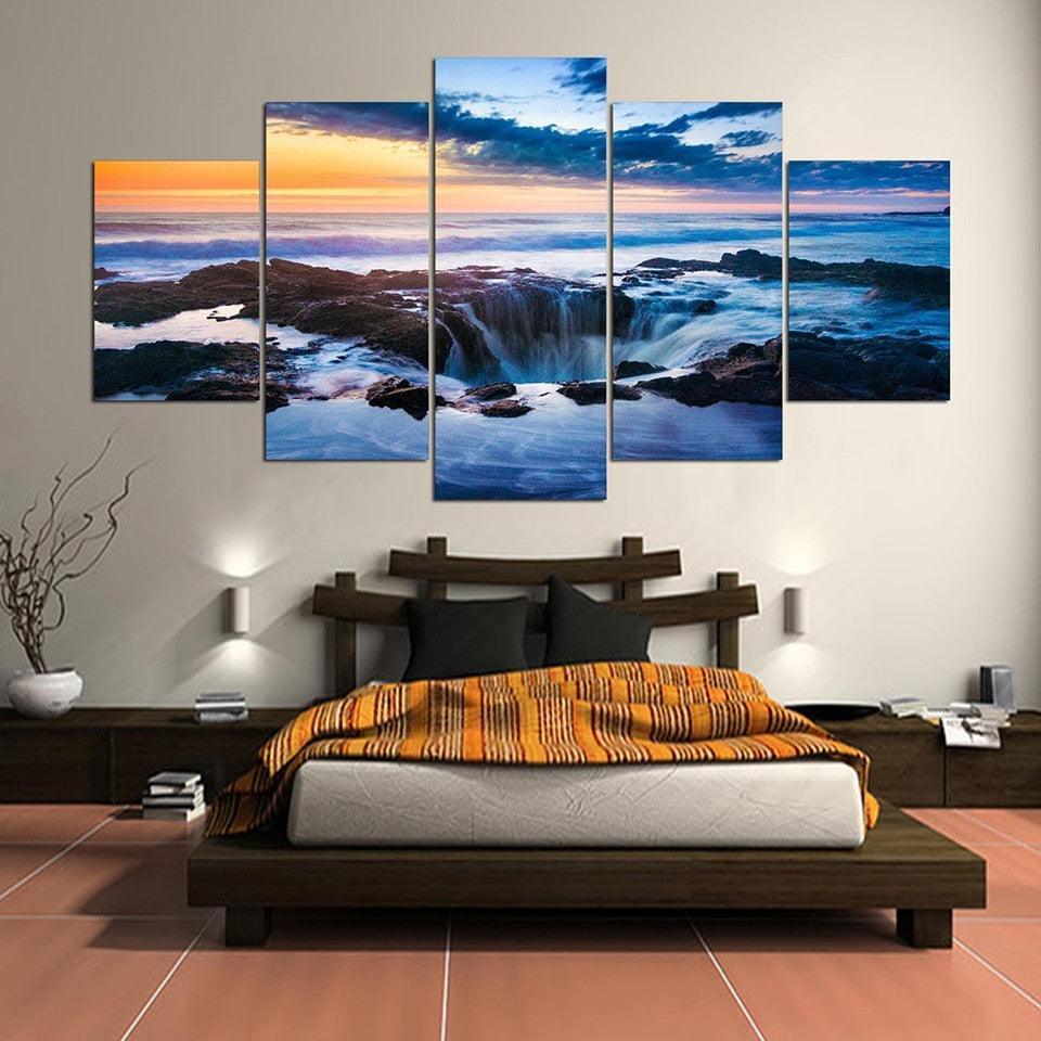 Waterfall Sunrise Scenery 5 Piece HD Multi Panel Canvas Wall Art Frame-Original Frame