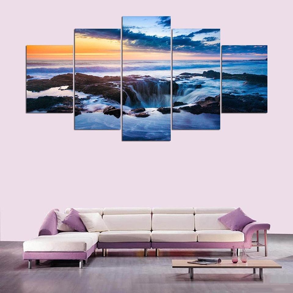 Waterfall Sunrise Scenery 5 Piece HD Multi Panel Canvas Wall Art Frame-Original Frame