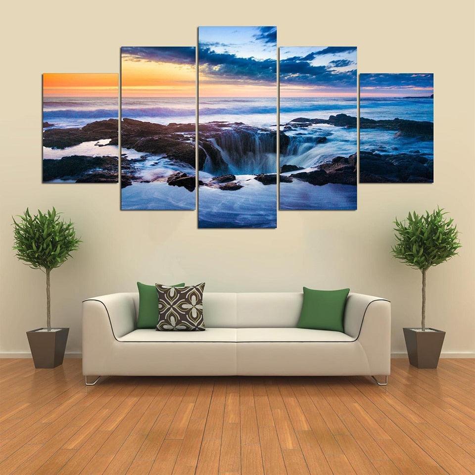 Waterfall Sunrise Scenery 5 Piece HD Multi Panel Canvas Wall Art Frame-Original Frame