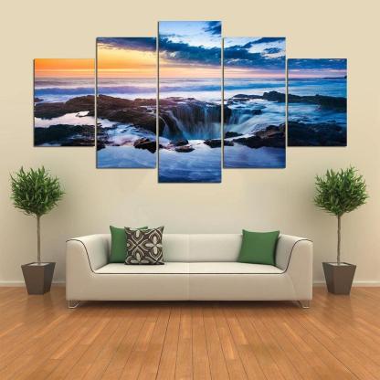 Waterfall Sunrise Scenery 5 Piece HD Multi Panel Canvas Wall Art Frame-Original Frame